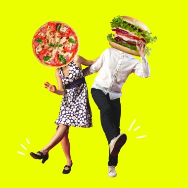 Çağdaş sanat kolajı, modern tasarım. Retro tarzı. Birkaç dansçı ellerinde pizza ve burgerle sarı arka planda geziyorlar.