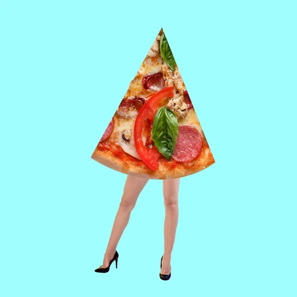 Komposition mit weiblichen Lender-Beinen und Pizza-Scheibe isoliert auf blauem Neonhintergrund. Collage zeitgenössischer Kunst, modernes Design. — Stockfoto