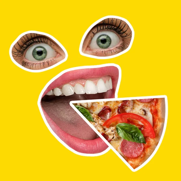 Komposition mit weiblichem Mund und Augen und einem Stück Pizza isoliert auf gelbem Neonhintergrund. Collage zeitgenössischer Kunst, modernes Design. — Stockfoto