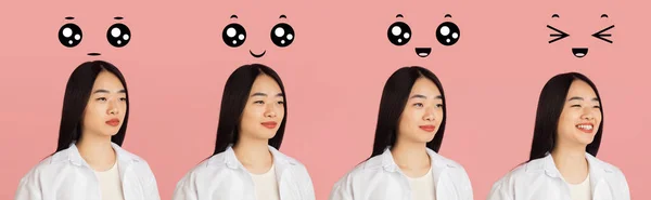 Evolusi emosi. Wanita muda Asia potret di latar belakang studio merah muda. Konsep emosi manusia, ekspresi wajah, pemuda, penjualan, iklan. — Stok Foto