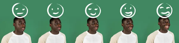 Evoluzione delle emozioni, ritratto dell'uomo africano isolato su sfondo verde studio con copyspace — Foto Stock