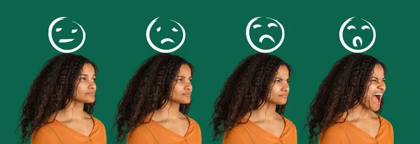 Evolução das emoções. Retrato de mulheres africanas isolado sobre fundo de estúdio verde com copyspace para anúncio. Desenhos. Colagem — Fotografia de Stock