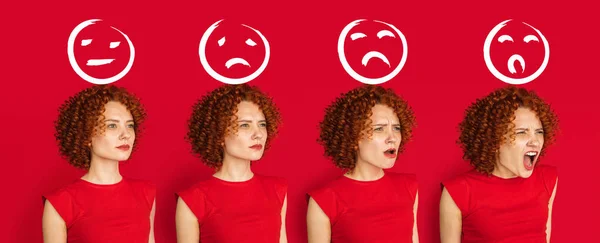 Evolutie van emoties. Blanke jonge vrouwen portret op rode atelier achtergrond. Concept van menselijke emoties, gezichtsuitdrukking, jeugd, verkoop, reclame. — Stockfoto