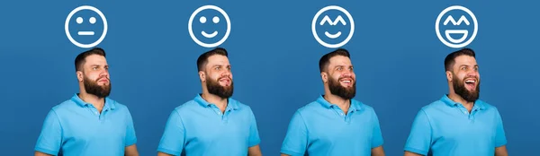 Evolução das emoções, humor. Retrato de homem caucasiano isolado em fundo estúdio azul com desenhos — Fotografia de Stock