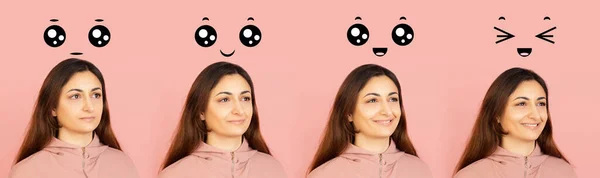 Ewolucja emocji. Latynoski kobiet portret odizolowany na tle studia Pinkl — Zdjęcie stockowe