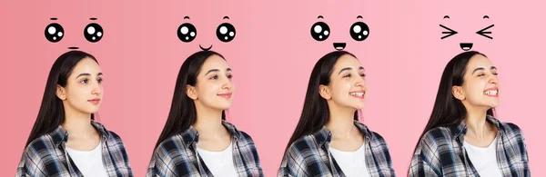 Evolutie van emoties. Blanke jonge vrouwen portret op roze atelier achtergrond. Concept van menselijke emoties, gezichtsuitdrukking, jeugd, verkoop, reclame. — Stockfoto