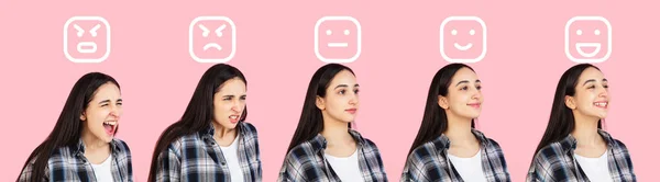 Evolution of emotions. Caucasian young womans portrait on pink studio background. Concept of human emotions, facial expression, youth, sales, ad.