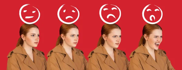 Evoluzione delle emozioni. Giovani donne caucasiche ritratto su sfondo rosso studio. Concetto di emozioni umane, espressione facciale, gioventù, vendite, annuncio. — Foto Stock