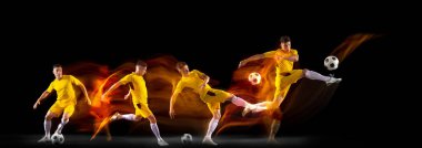 Hareketlerin gelişimi. Genç adam, futbol oyuncusu karanlık arka planda izole edilmiş, neon renkli bir ışık altında. El ilanı. Spor, rekabet, şampiyonluk kavramı.
