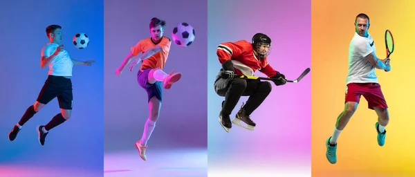 Collage van verschillende professionele sporters, fit mensen geïsoleerd op kleur achtergrond. Vlieger. — Stockfoto