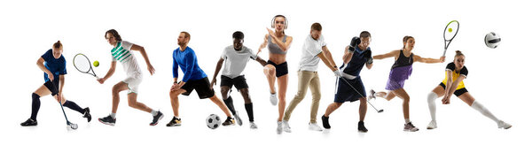 Sport collage. Hockey, soccer football, boxing, volleyball, floorball, tennis players in motion isolated on white studio background.