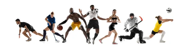 Collage sportif. Hockey, soccer football, volley-ball, floorball, fitness et basket-ball joueurs en mouvement isolés sur studio blanc — Photo