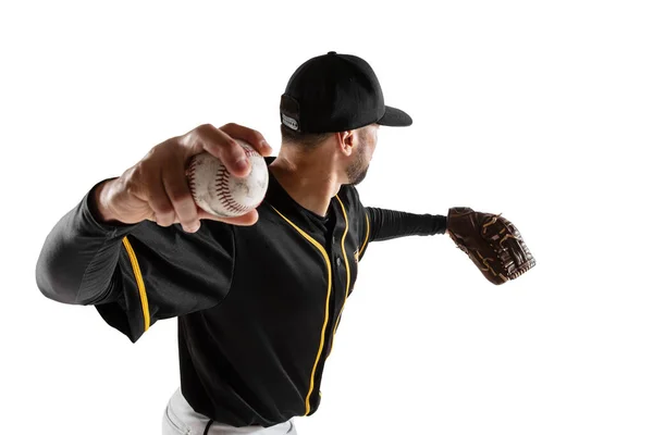 Baseballspieler, Fänger in schwarzer weißer Sportuniform, der isoliert auf weißem Studiohintergrund übt. Rückseite — Stockfoto
