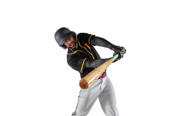 Närbild basebollspelare, kastare i en svart vit sport uniform öva isolerad på en vit studio bakgrund. — Stockfoto