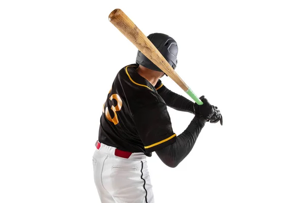 Giocatore di baseball, lanciatore in uniforme sportiva bianca nera che si esercita isolato su uno sfondo bianco da studio. Vista posteriore — Foto Stock