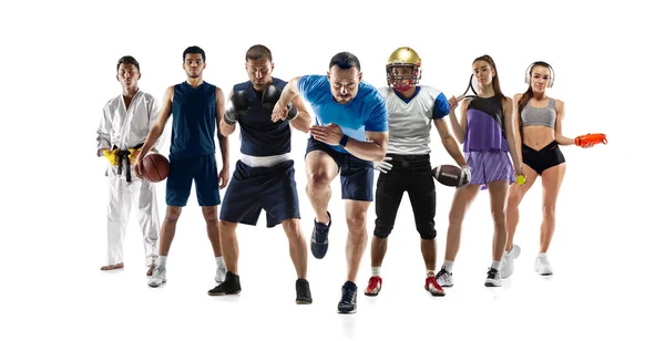 Colagem desportiva. Tênis, basquete, futebol americano, corrida, boxe, taekwondo jogadores posando isolado no fundo do estúdio branco. — Fotografia de Stock