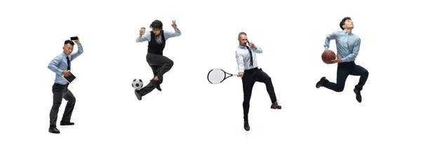 Collage de deportistas masculinos en trajes de oficina, atuendo de negocios en acción y movimiento aislado sobre fondo de estudio blanco.. —  Fotos de Stock