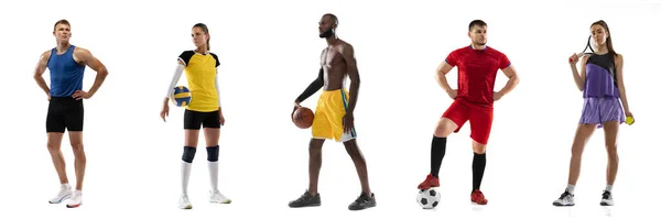 Спортивный коллаж. Теннис, футбол, баскетбол, фитнес, бег, волейболисты позируют изолированные на белом фоне студии — стоковое фото