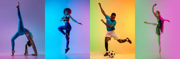 Collage of different professional sportsmen, fit people in action and motion isolated on color background. Flyer. — Stock Photo, Image