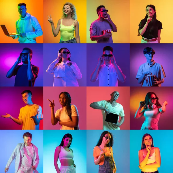 Retrato de grupo de pessoas em fundo multicolorido em luz de néon, colagem. — Fotografia de Stock