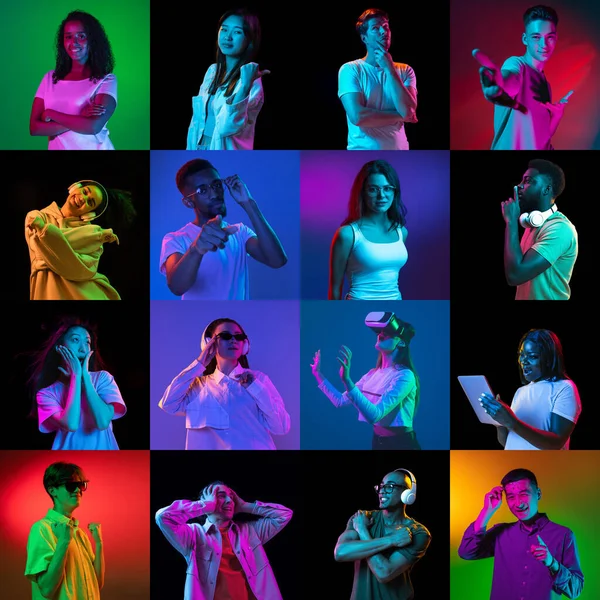 Portrait of group of people on multicolored background in neon light, collage. — Stock Photo, Image