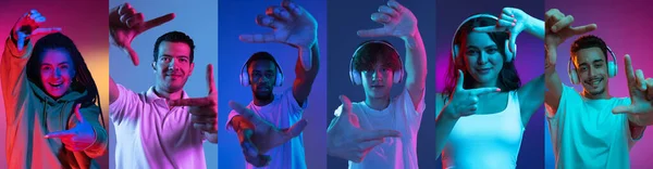 Retrato de grupo de pessoas em fundo multicolorido em luz de néon, colagem. — Fotografia de Stock