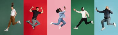 Portraits of group of people on colored background, collage. Colorful. Jumping high, flying, using mobile phone clipart