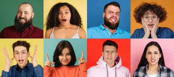 Collage of surprised people on isolated over colored background. Facial expressions concept — Stock Photo, Image