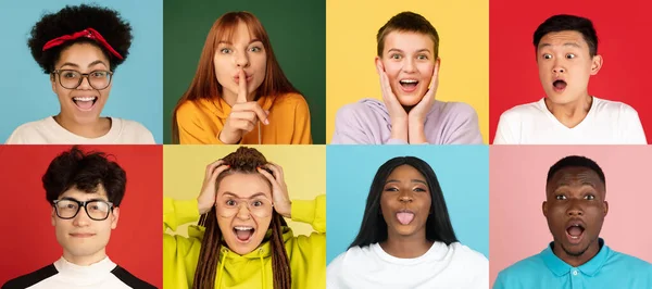 Colagem de pessoas surpresas em isolado sobre fundo colorido. Conceito de expressões faciais — Fotografia de Stock