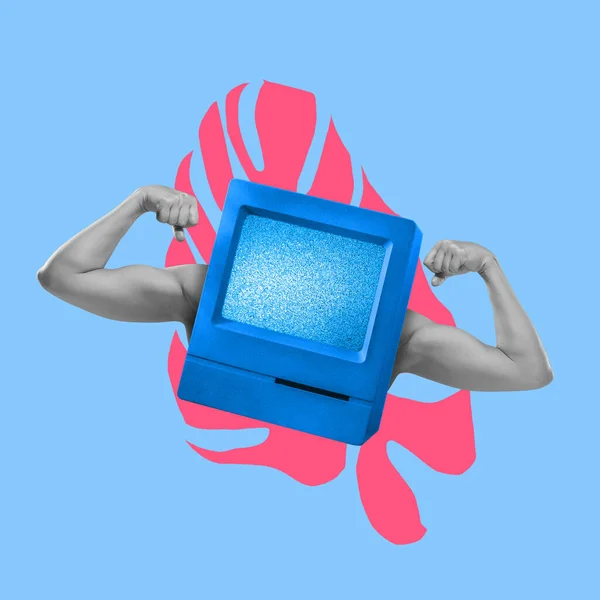 Modern art collage in pop-art style. Human muscled hands isolated on blue neon background with copyspace for ad, contrast