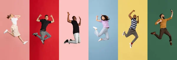 Portrety grupy osób skaczących wyizolowanych na kolorowym tle, kolaż. — Zdjęcie stockowe