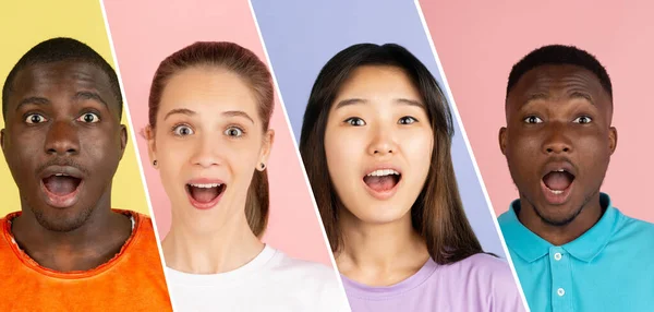 The collage of surprised people on colored background. Close-up portraits — Stock Photo, Image
