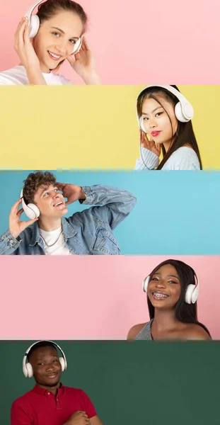 Portraits of different models on multicolored background. Vertical flyer, collage made of 4 models. Concept of human emotions, facial expression, sales, advertising. — Stock Photo, Image