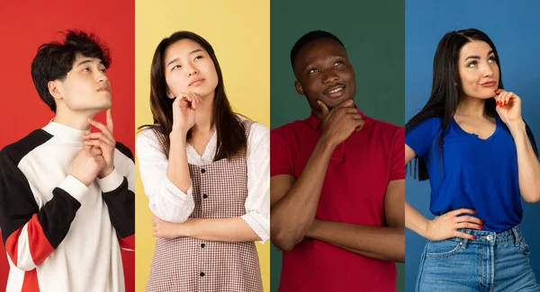 Retratos de grupo de pessoas em fundo multicolorido, colagem. Sonhar, pensar. — Fotografia de Stock