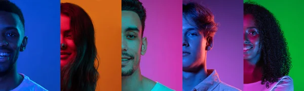 Beskurna porträtt av grupp människor på flerfärgad bakgrund i neonljus, collage. — Stockfoto