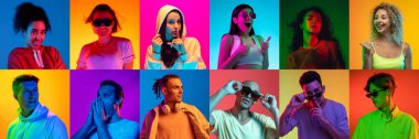 Çok renkli arkaplanda, neon ışığı ve kolaj içinde bir grup insanın portresi.