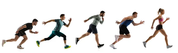 Sport collage. Male and female joggers, runners in action isolated on white studio background. — Stock Photo, Image