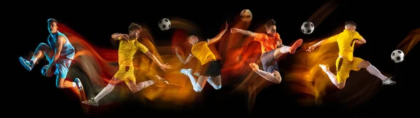 Développement de mouvements de différents types de jeux de sport. Les jeunes hommes en action isolés sur fond sombre en néon mélangent la lumière colorée. Dépliant. — Photo