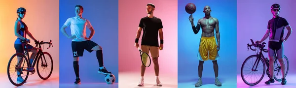 Collage of different professional sportsmen, fit people isolated on color background in neon light. Colored filters. Flyer. — Fotografia de Stock