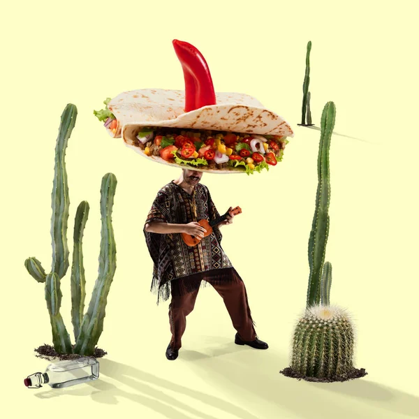 Kreative Collage. Junger mexikanischer Mann mit Hut und Tacos spielt Ukulele und trinkt Tequila im Dickicht der Kakteen in Wüste und Sand. Cinco de mayo Urlaub. — Stockfoto