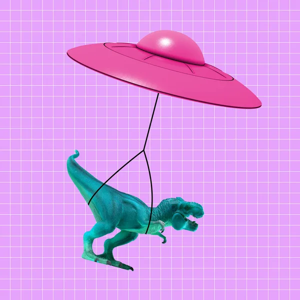 Contemporary art collage, modern design. Modern express delivery. Pink flying saucer delivering toy dinosaur. — Foto de Stock