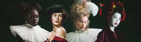 Four beautiful women, medieval people as a royalty persons in vintage clothing on dark background. Concept of comparison of eras, modernity and renaissance, baroque style. — Stock Fotó