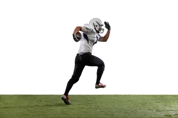 American football player isolated on white studio background. Back view — Stock fotografie