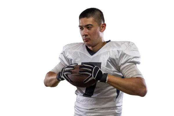 Close-up young American football player, athlete posing isolated on white studio background. Concept of professional sport, championship, competition. — Foto de Stock