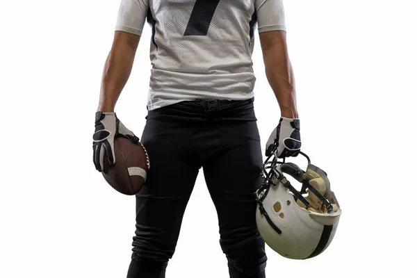 Cropped image of male American football player, athlete posing isolated on white studio background. Concept of professional sport, championship, competition. — Stock Fotó