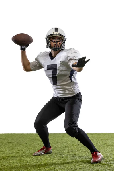 American football player isolated on white studio background. — Foto de Stock