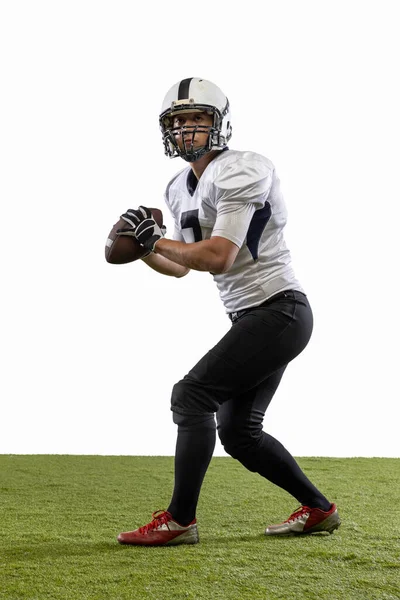 American football player isolated on white studio background. — Foto de Stock