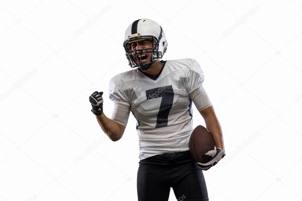 American football player isolated on white studio background.