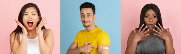 Vaccination med Covid-19. Afrikanska, asiatiska, kaukasiska man och kvinnor poserar isolerade på ljus studio bakgrund. Collage med modeller i avslappnade kläder. — Stockfoto