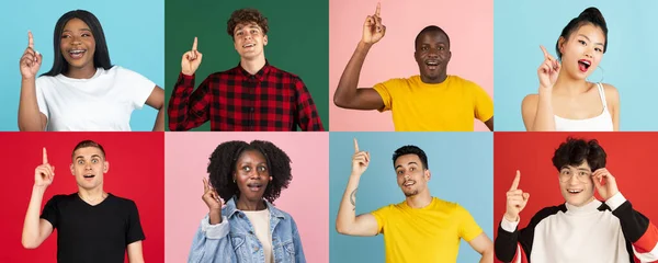 Retratos de grupo de pessoas em fundo multicolorido, colagem. — Fotografia de Stock